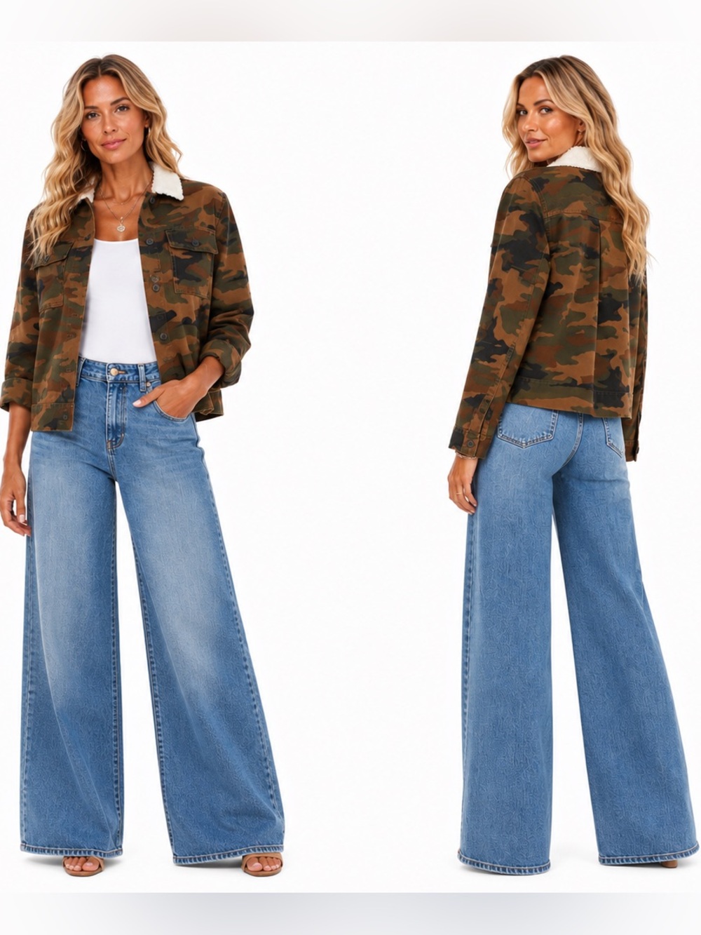 Madewell Camo Jean Jacket with Sherpa Collar - Green, Brown, Black